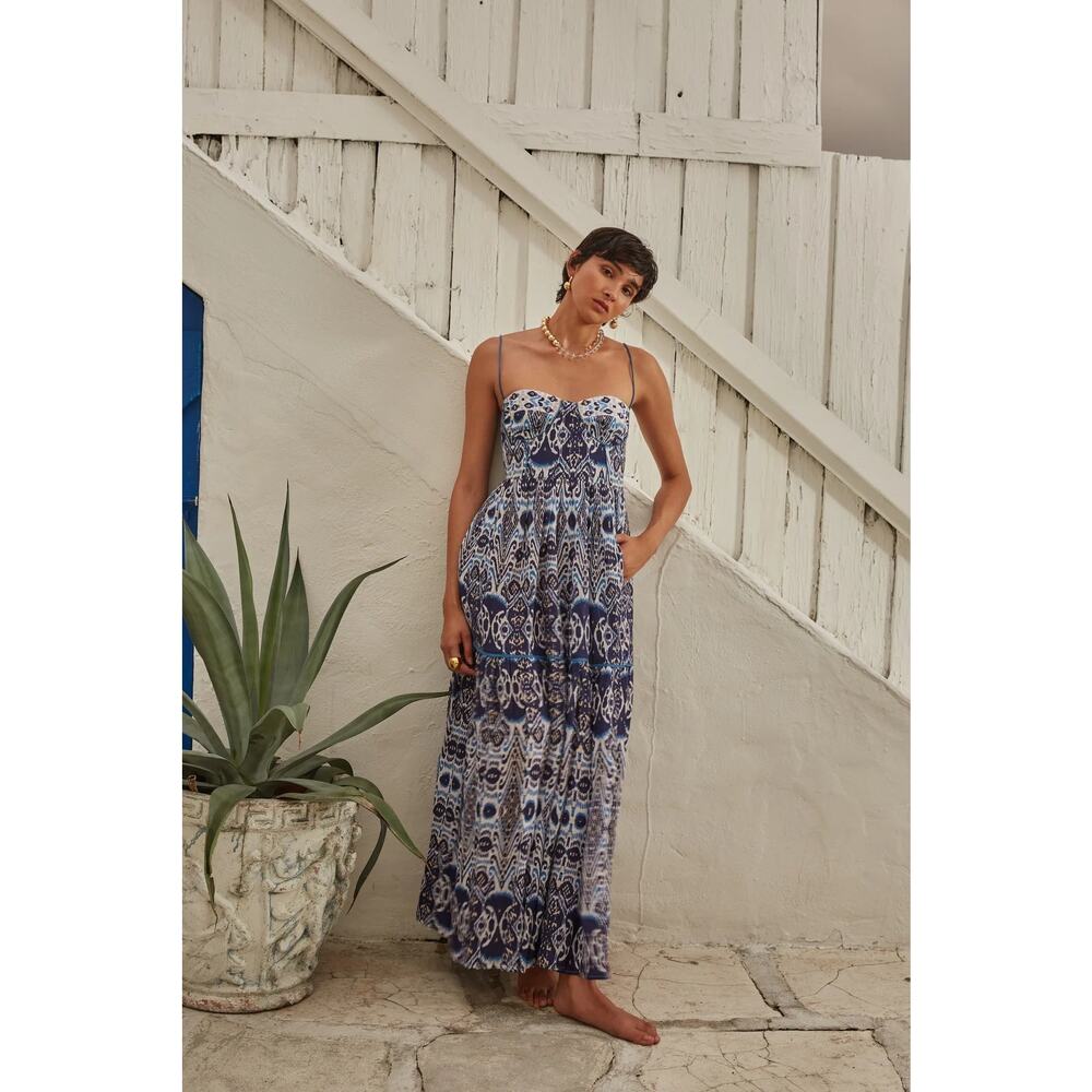 NWT Carolina K Lola Ikat Sweetheart Neck Sleeveless Maxi Sundress Blue Women's L